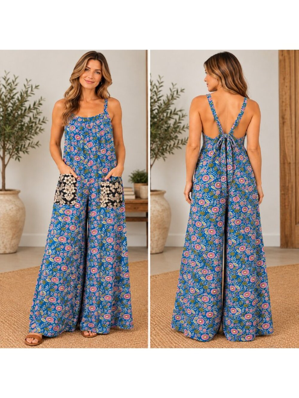 Natural Life Floral Overalls Womens M Blue Jumper Wide Leg Palazzo Pockets Artsy